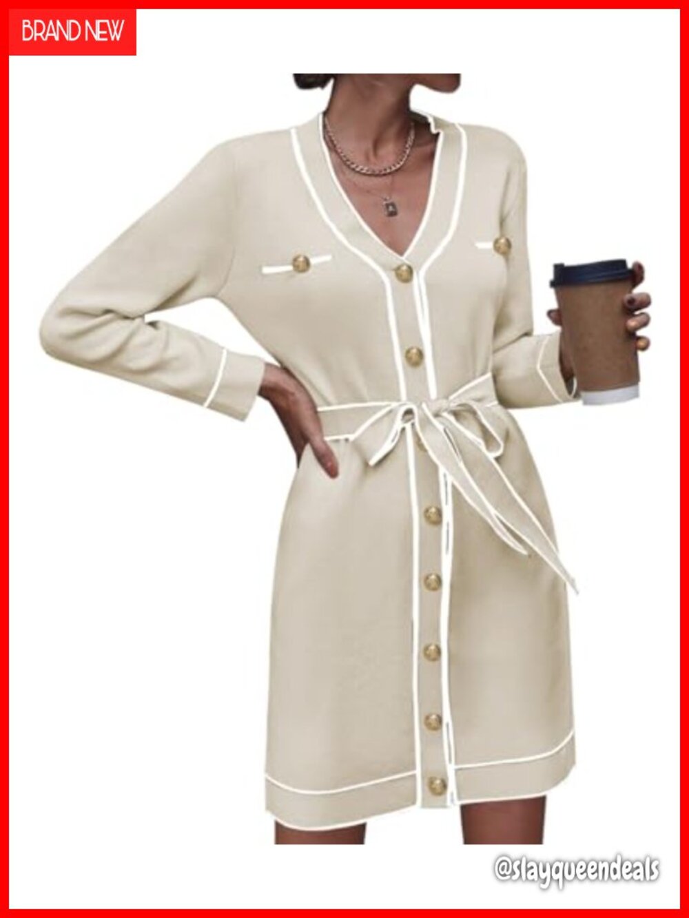 Long Sleeve Button Down Knit Sweater Dress with Belt V Neck Mini Cardigan